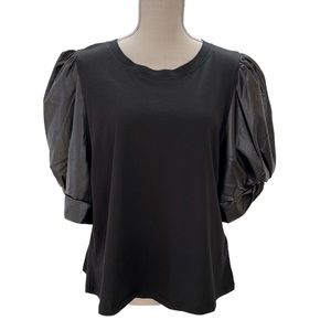DKNY Black Faux Leather Puff 3/4 Sleeve Top XL Crew Neck Boxy